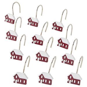 Winter Village Shower Curtain Hooks Christmas Bathroom Décor 12pc Red Cabin NEW